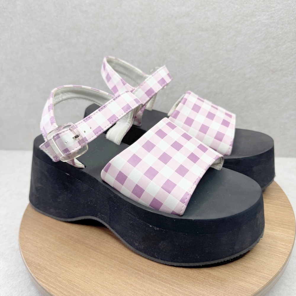 Chunky Platform Sandals Gingham Purple White Heels Size 38 7US